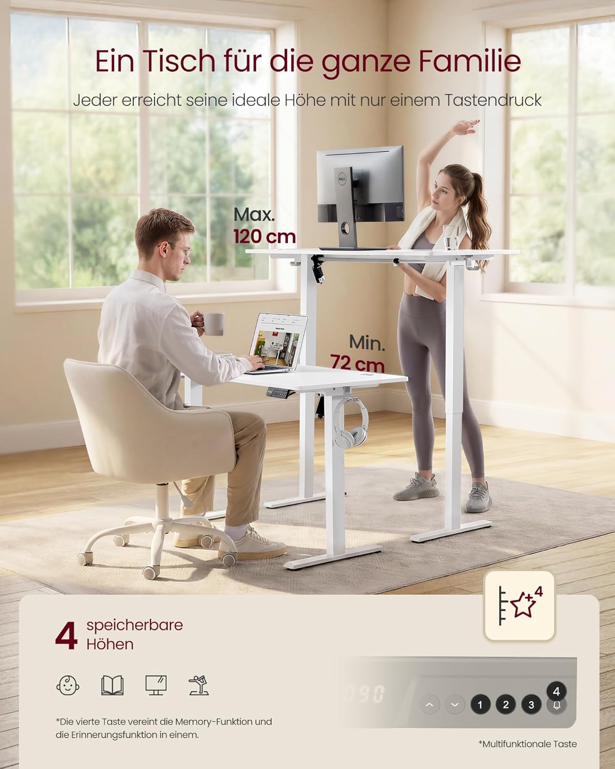 Schreibtisch elektrisch höhenverstellbar 120x60 cm Weiss von Songmics