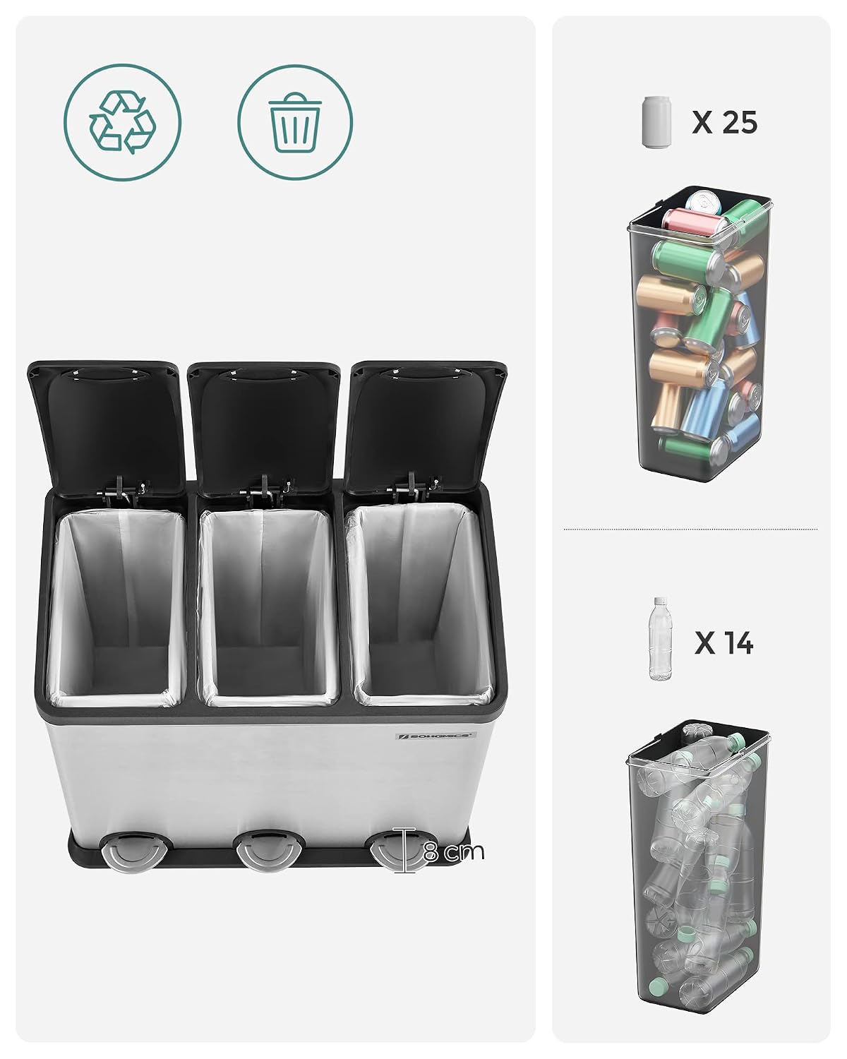 Treteimer 54 l 3 Fächer Mülltrenner Edelstahl Silber Schwarz von Songmics