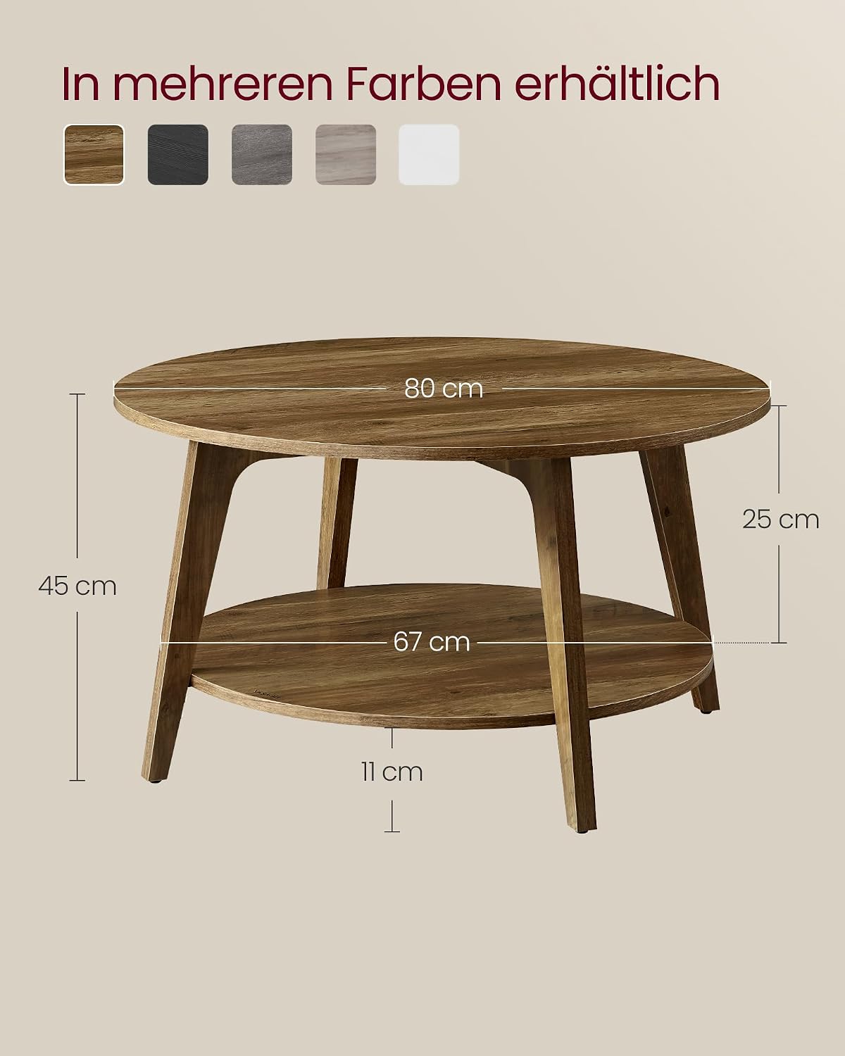 Couchtisch 2 Ebenen rund 80x80x45 cm Honigbraun von Songmics