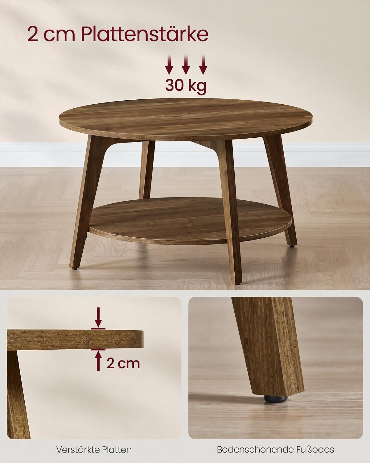 Couchtisch 2 Ebenen rund 80x80x45 cm Honigbraun von Songmics