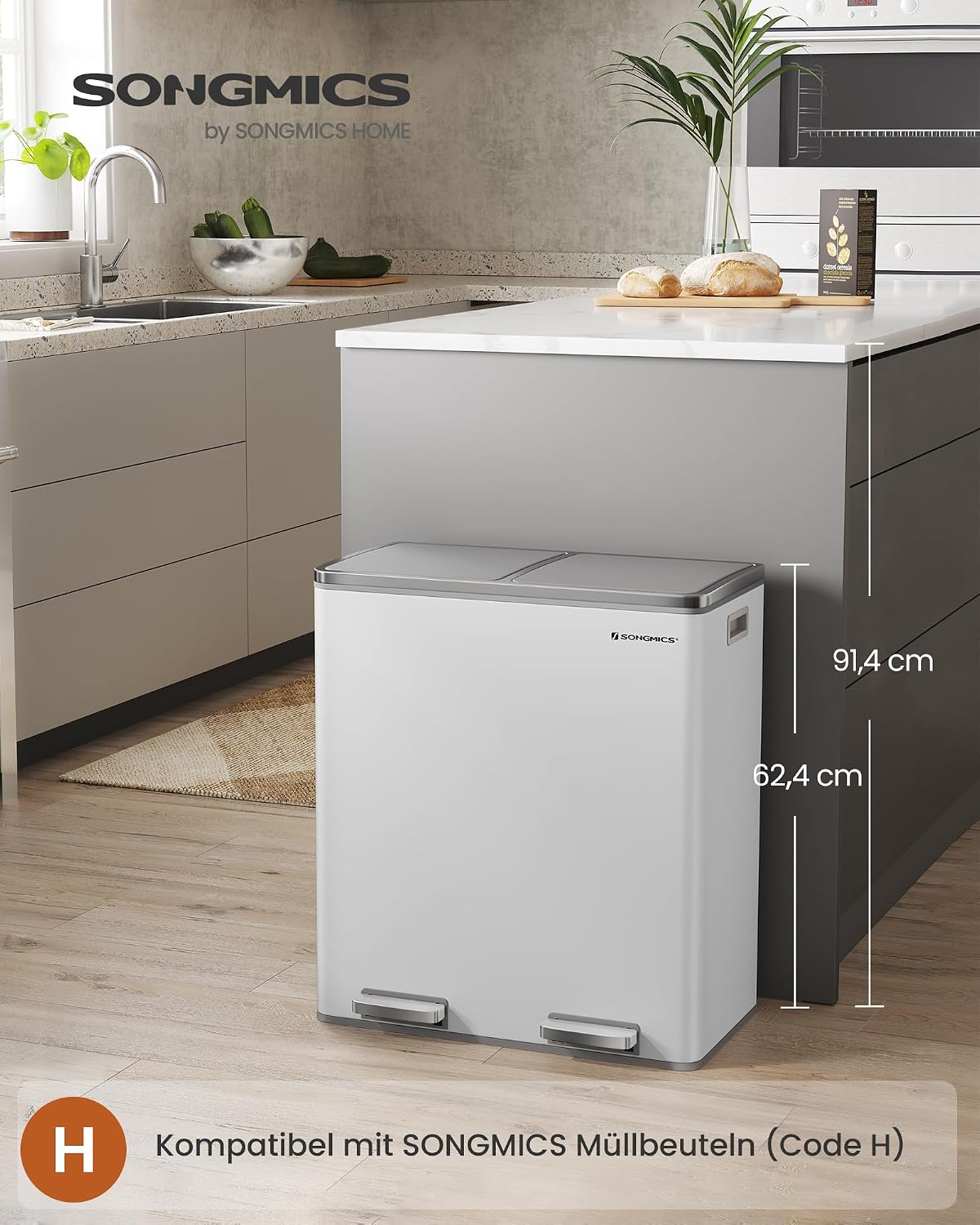 Doppel-Abfalleimer 2x30 Liter Soft-Close Wolkenweiss von Songmics