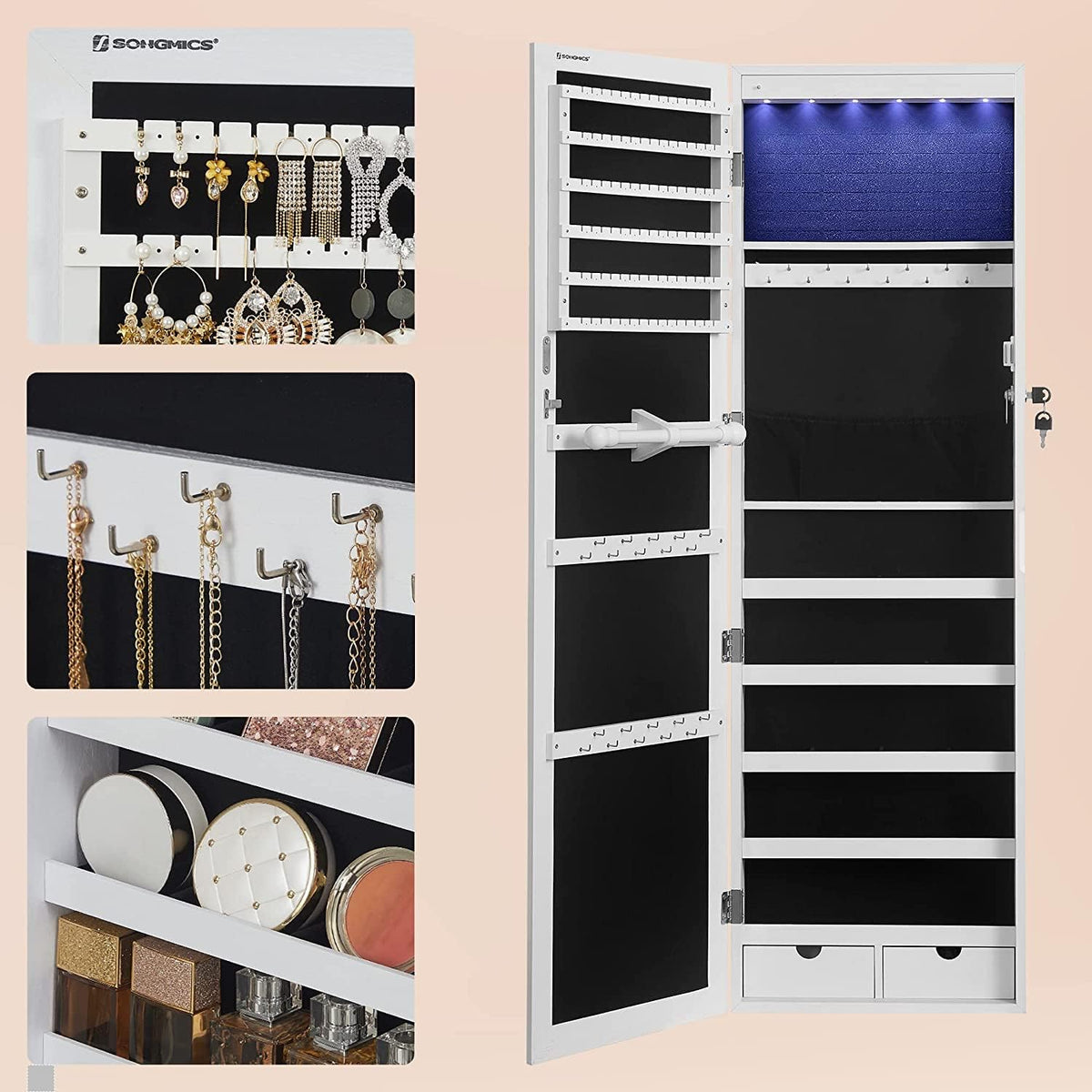 Schmuckschrank mit Spiegel LED 37x10x120 cm Weiss von Songmics