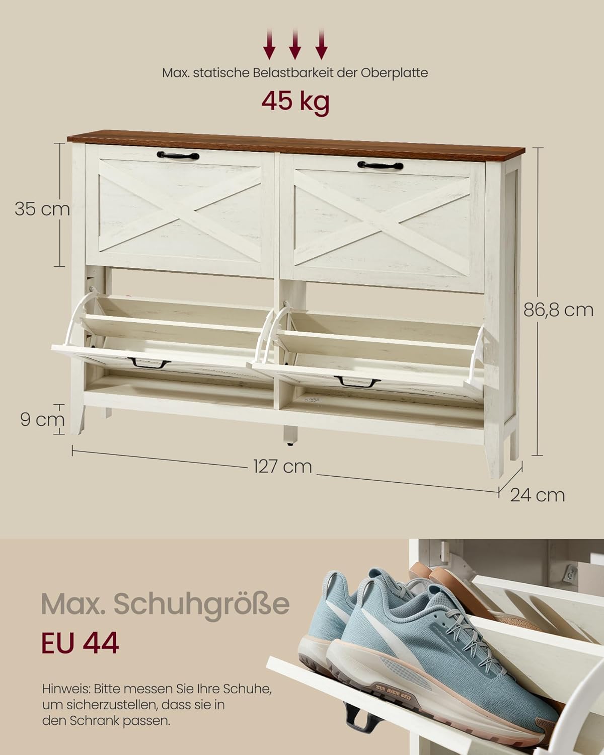Schuhschrank 4 Klappen 127x24x87 cm Vintageweiss von Songmics