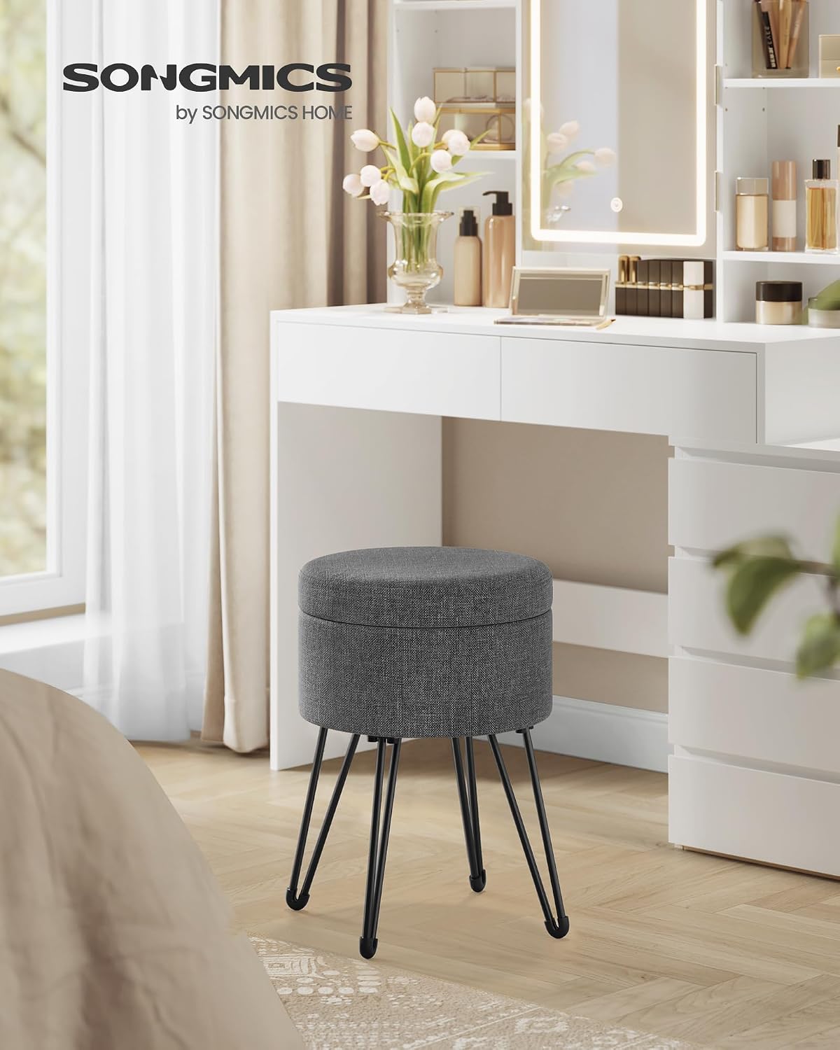 Sitzhocker mit Stauraum 13,4 l rund Taubengrau von Songmics