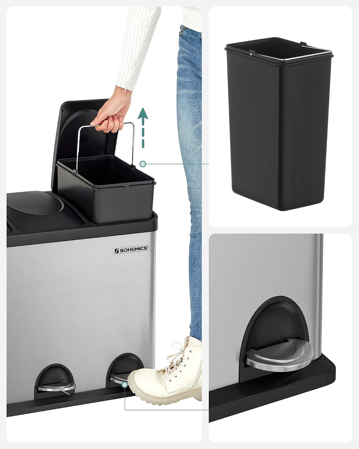 Treteimer 54 l 3 Fächer Mülltrenner Edelstahl Silber Schwarz von Songmics