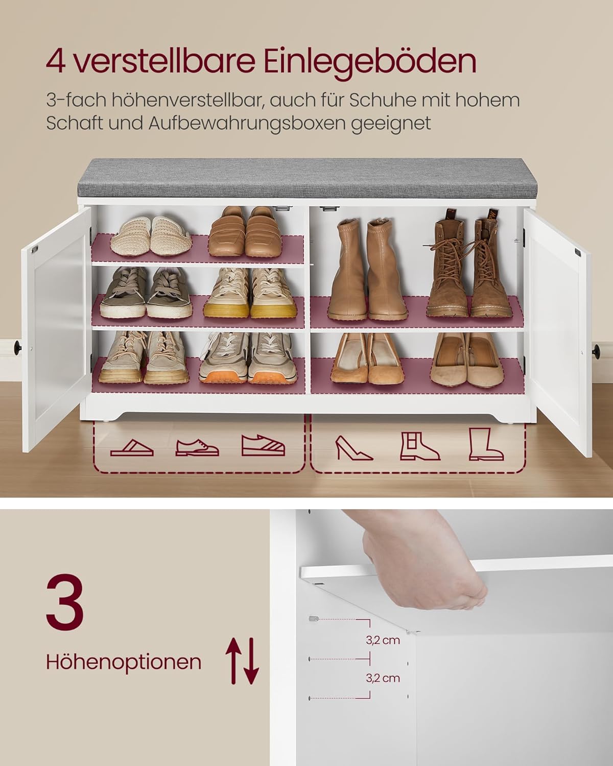 Schuhbank Set mit Spiegel Garderobe Haken Sitzpolster weiß von Songmics