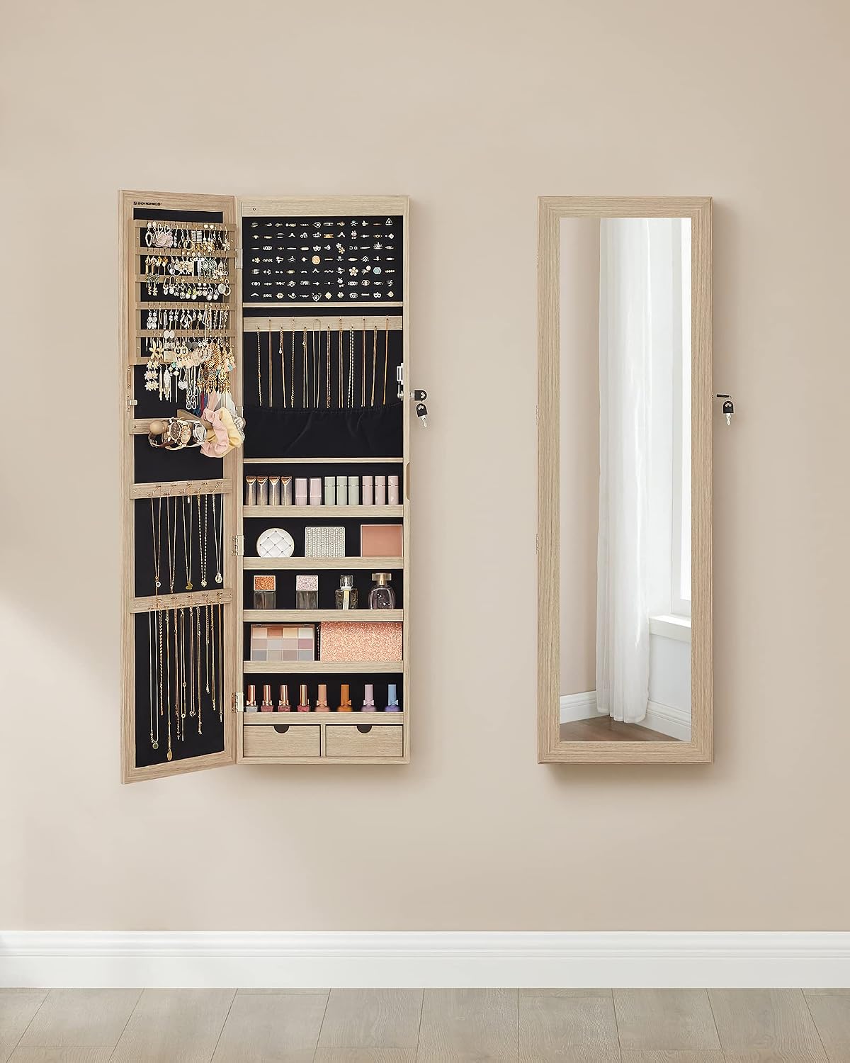 Schmuckschrank mit Spiegel 37x10x120 cm hängend Eiche von Songmics