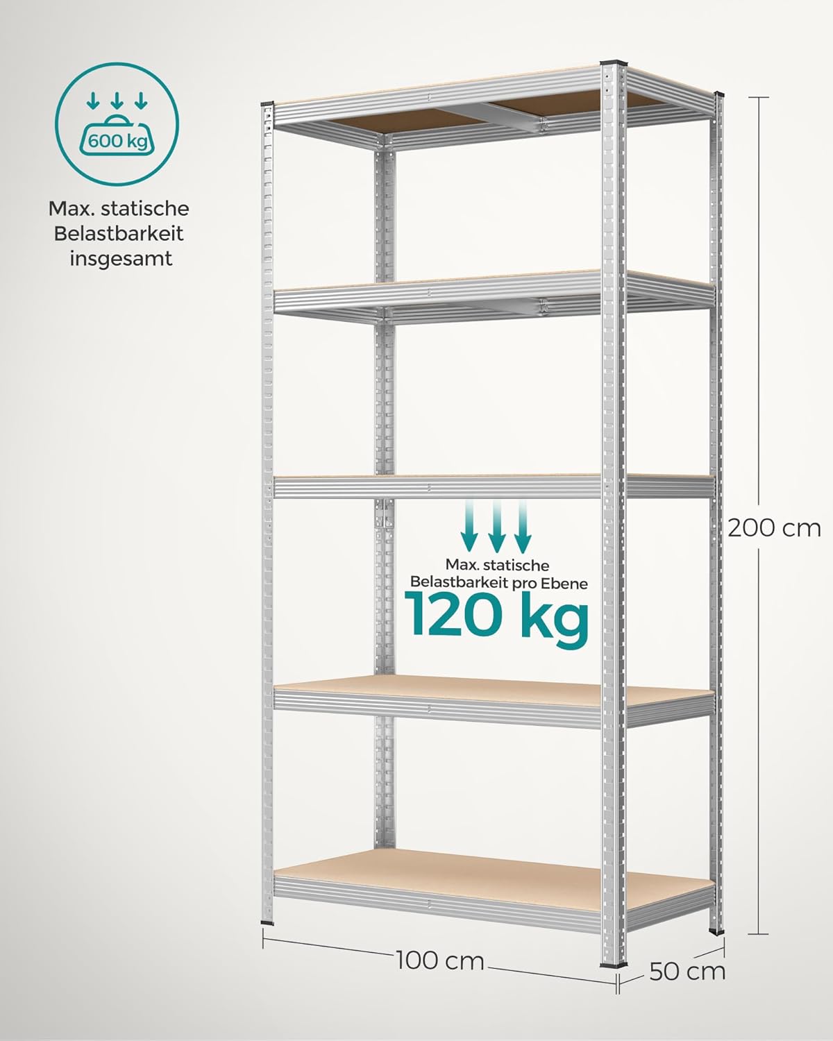 Schwerlastregal 50x100x200 cm 600 kg 5 Ablagen Silber 2er von Songmics