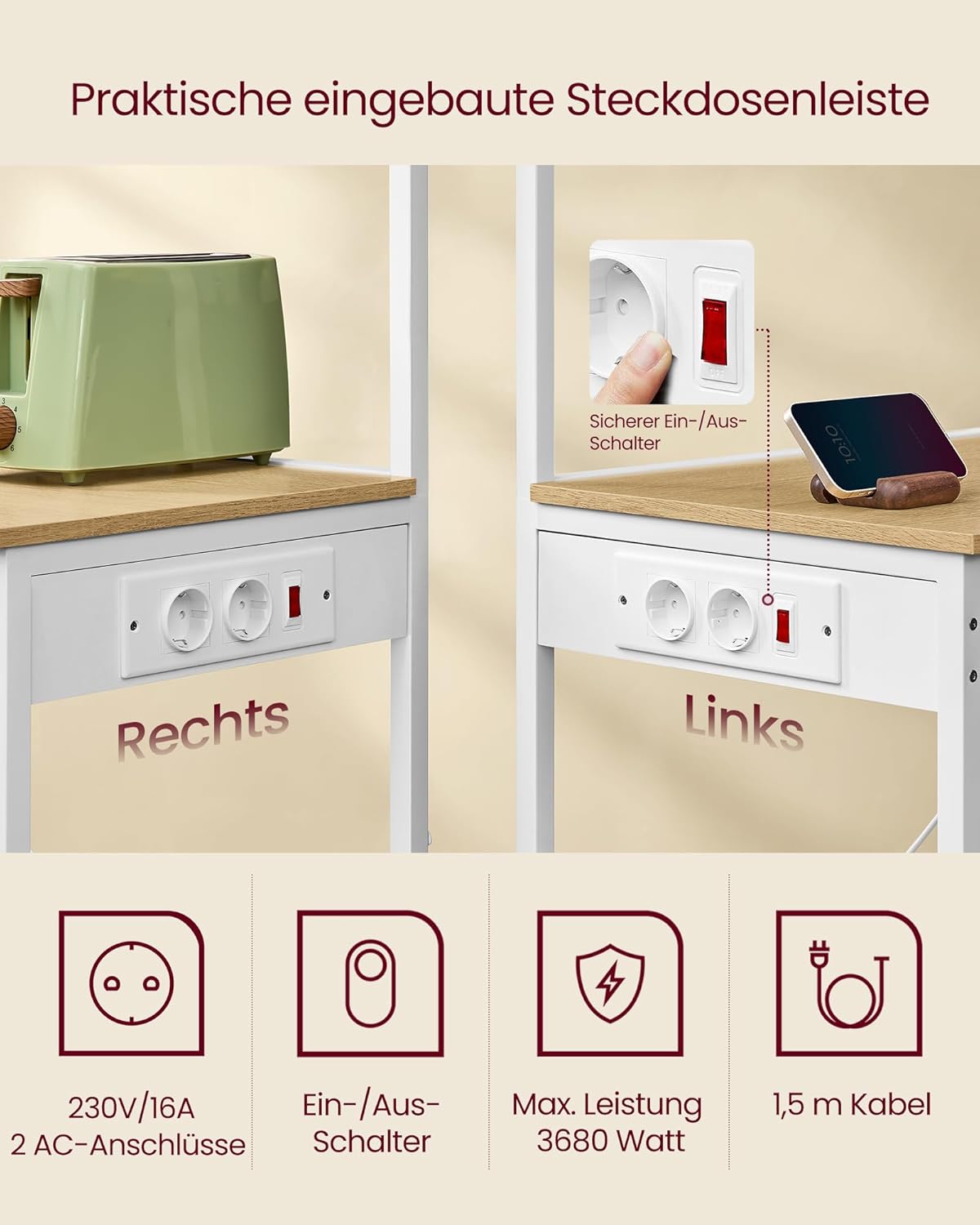 Küchenregal mit Steckdose 4 Ebenen Standregal Mikrowelle von Songmics