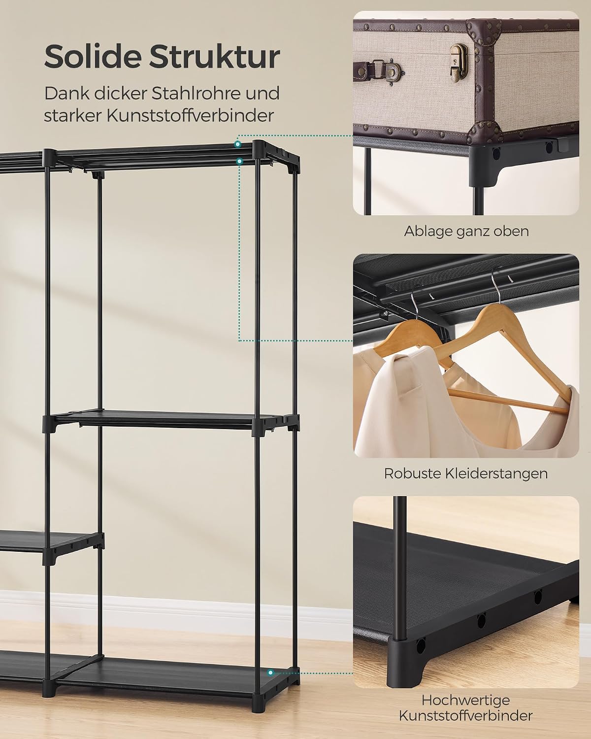 Kleiderschrank offen 205x43x166 cm Schwarz 4 Kleiderstangen von Songmics