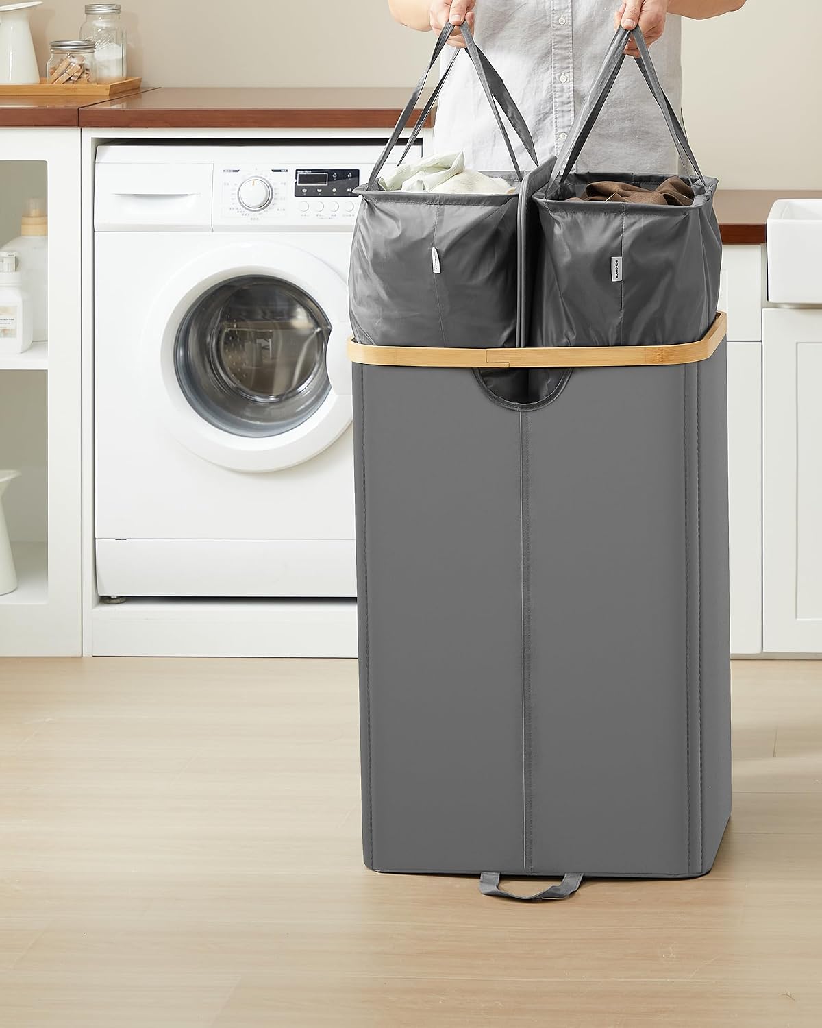 Wäschekorb 2 Fächer 150 l 52x38x75 cm Grau Beige von Songmics