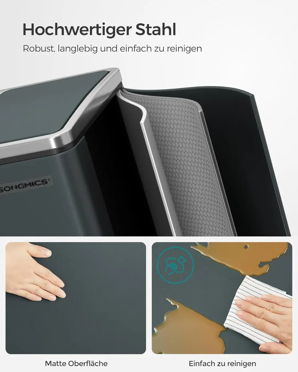 Küchenmülleimer Treteimer 2 x 15 Liter Mülltrennsystem mit 2 Fächern Grüngrau von Songmics