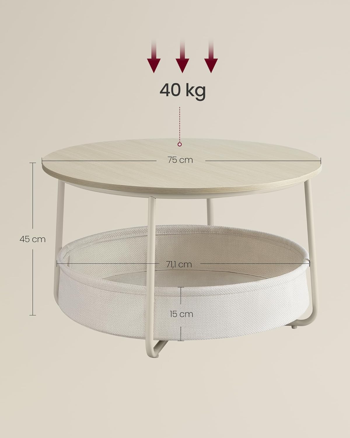 Runder Couchtisch mit Stoffkorb und Metallrahmen Beige von Songmics