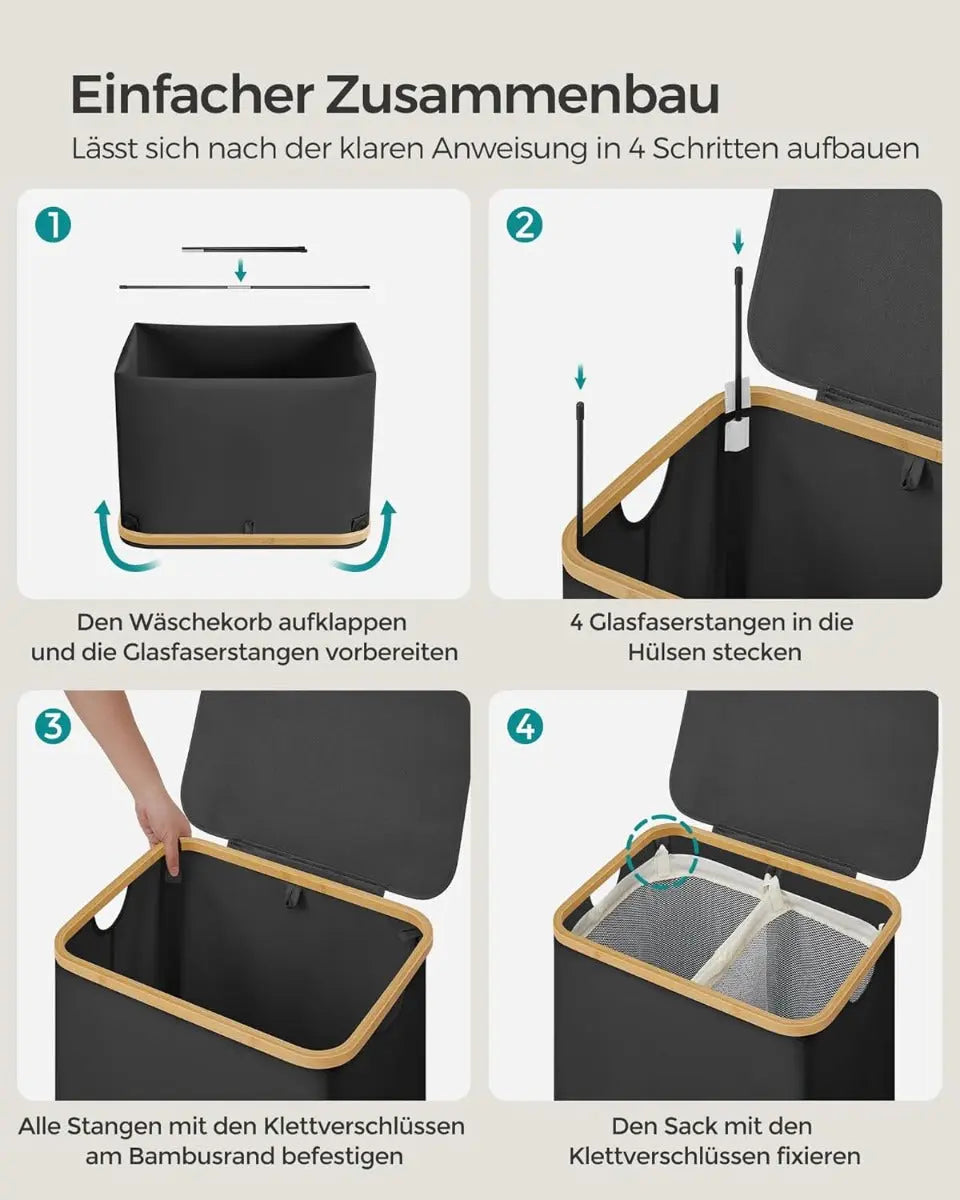 Wäschekorb 2 Fächer Bambus Griffe Schwarz von Songmics