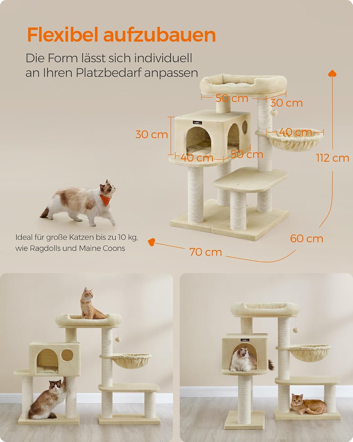 Kratzbaum XXL 112 cm Katzenbaum für grosse Katzen Beige von Songmics