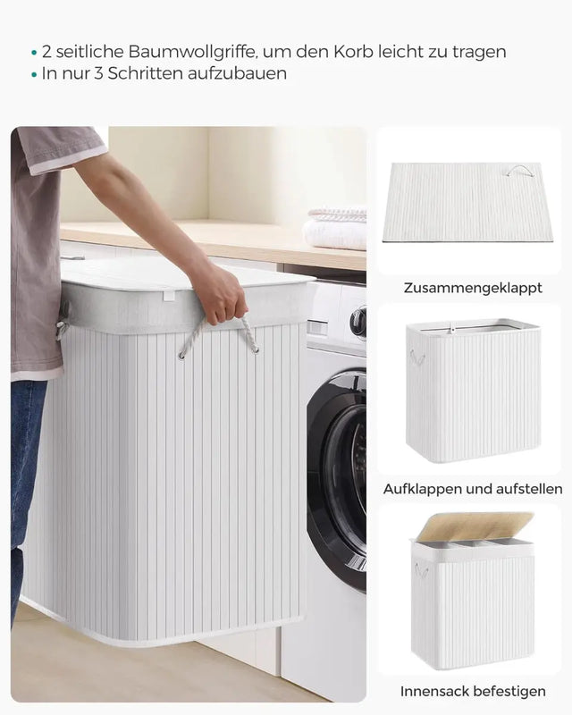 Wäschekorb Wäschebox Bambus 3 Fächer faltbar mit Griffen von Songmics