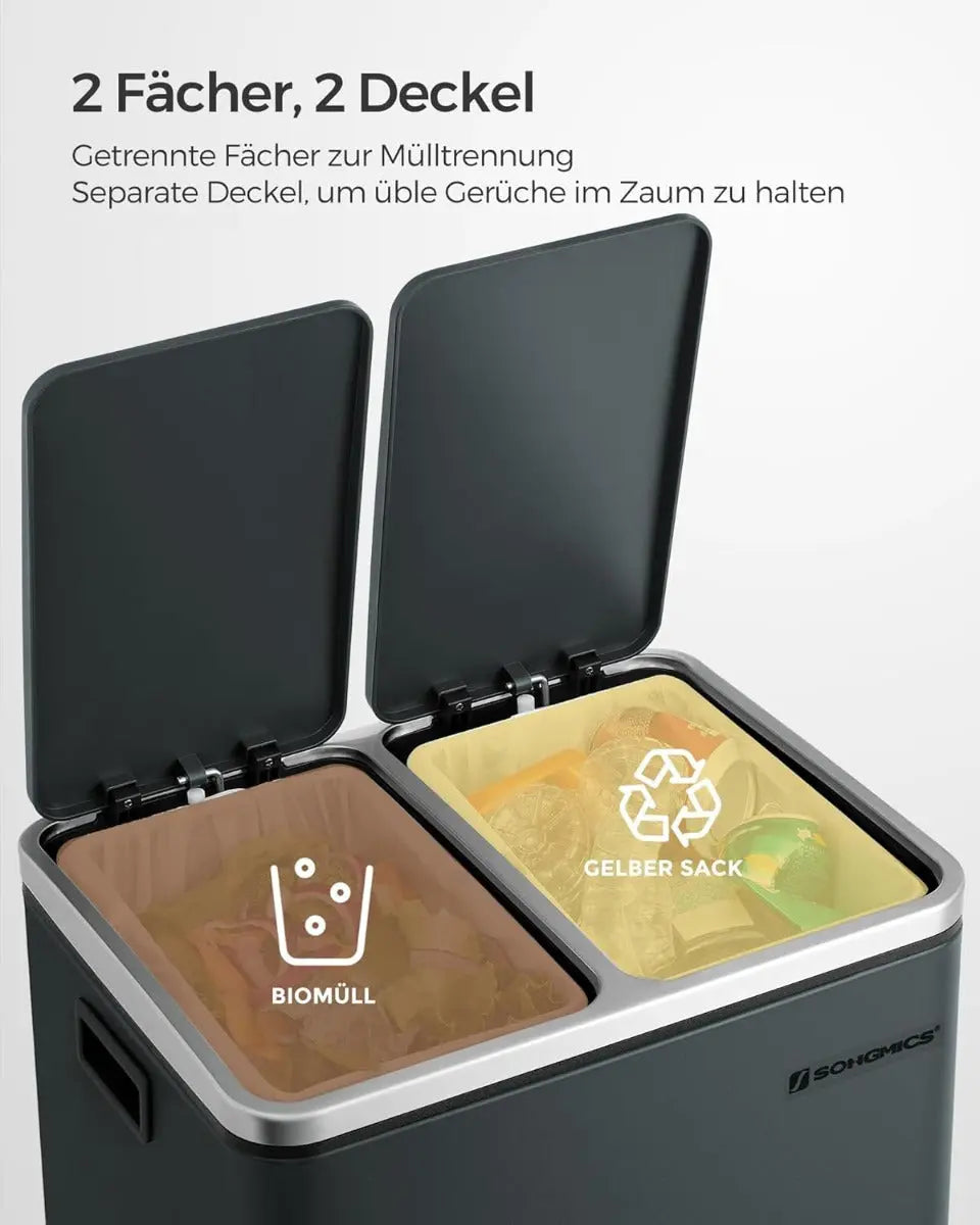 Küchenmülleimer Treteimer 2 x 15 Liter Mülltrennsystem mit 2 Fächern Grüngrau von Songmics