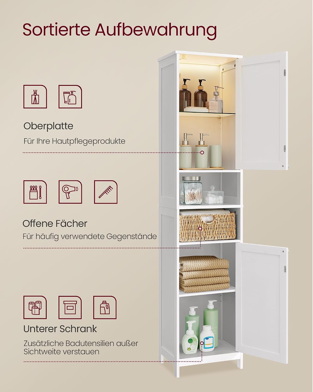 Badezimmerschrank Hochschrank 40x30x170 cm Wolkenweiss von Songmics