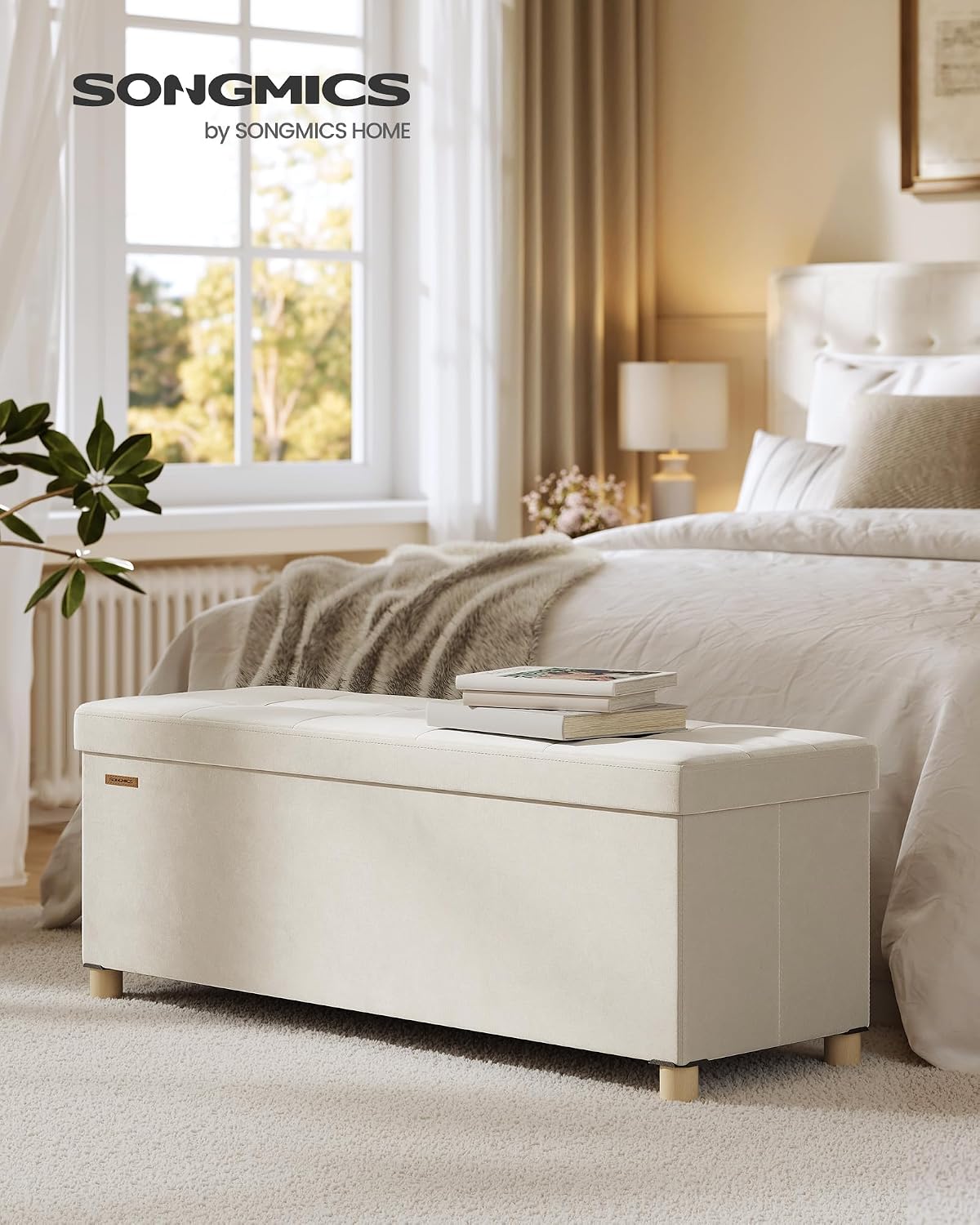 Sitzbank Aufbewahrungsbank 110x38x40 cm Samt Beige von Songmics