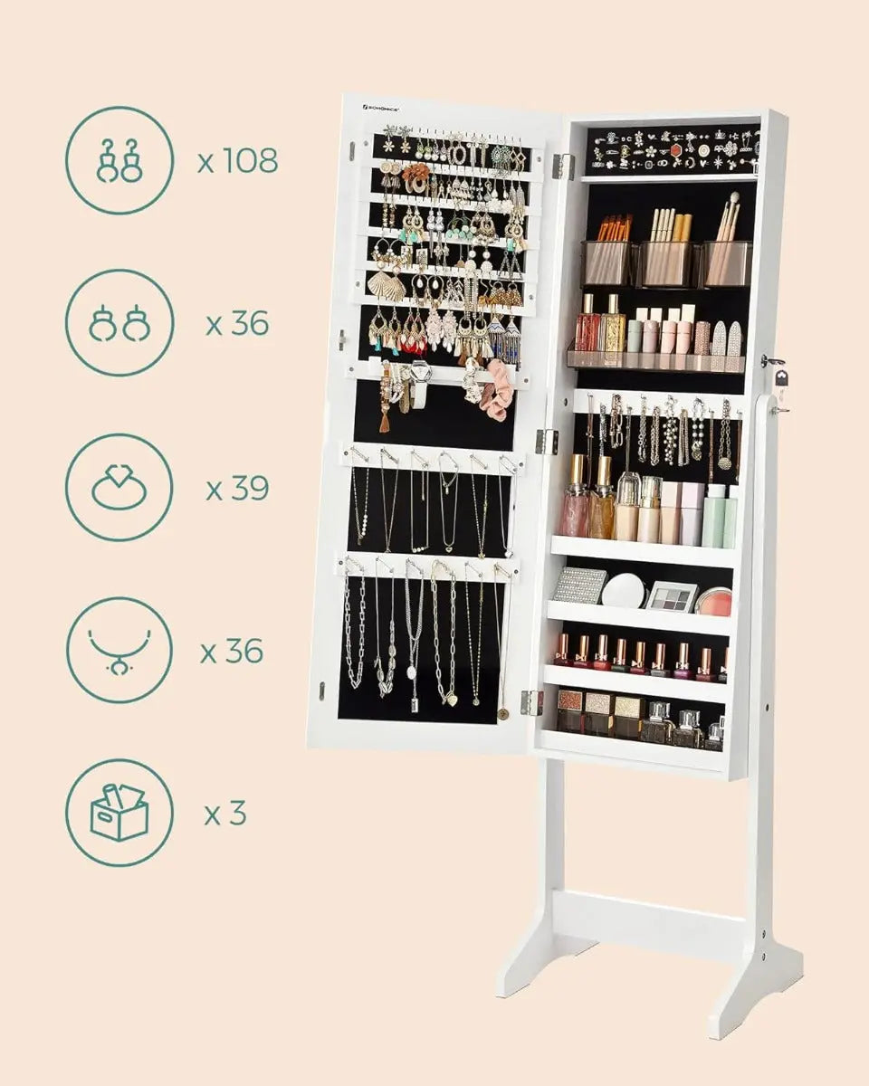 Schmuckschrank Spiegelschrank Stehend Make-up Organizer Weiss von Songmics