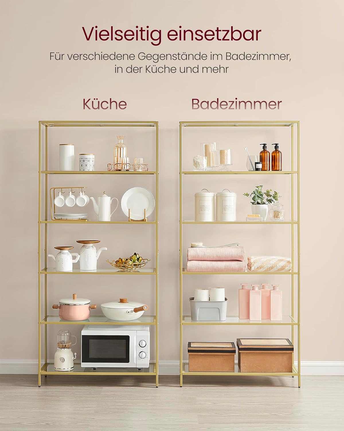 Badregal 6 Ablagen Glas Metall Gold Badezimmer Küche von Songmics