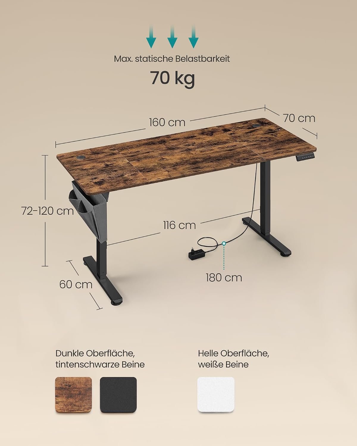 Schreibtisch 160x70 cm elektrisch höhenverstellbar von guteszeug.ch
