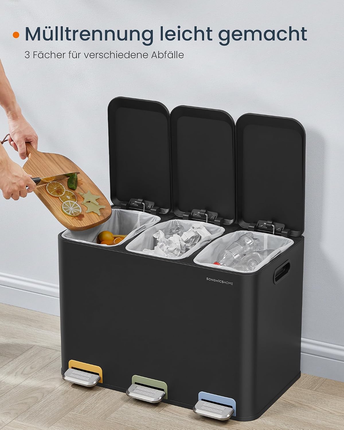 Abfalleimer 3-fach 45 l Mülltrennung Soft-Close Schwarz von guteszeug.ch