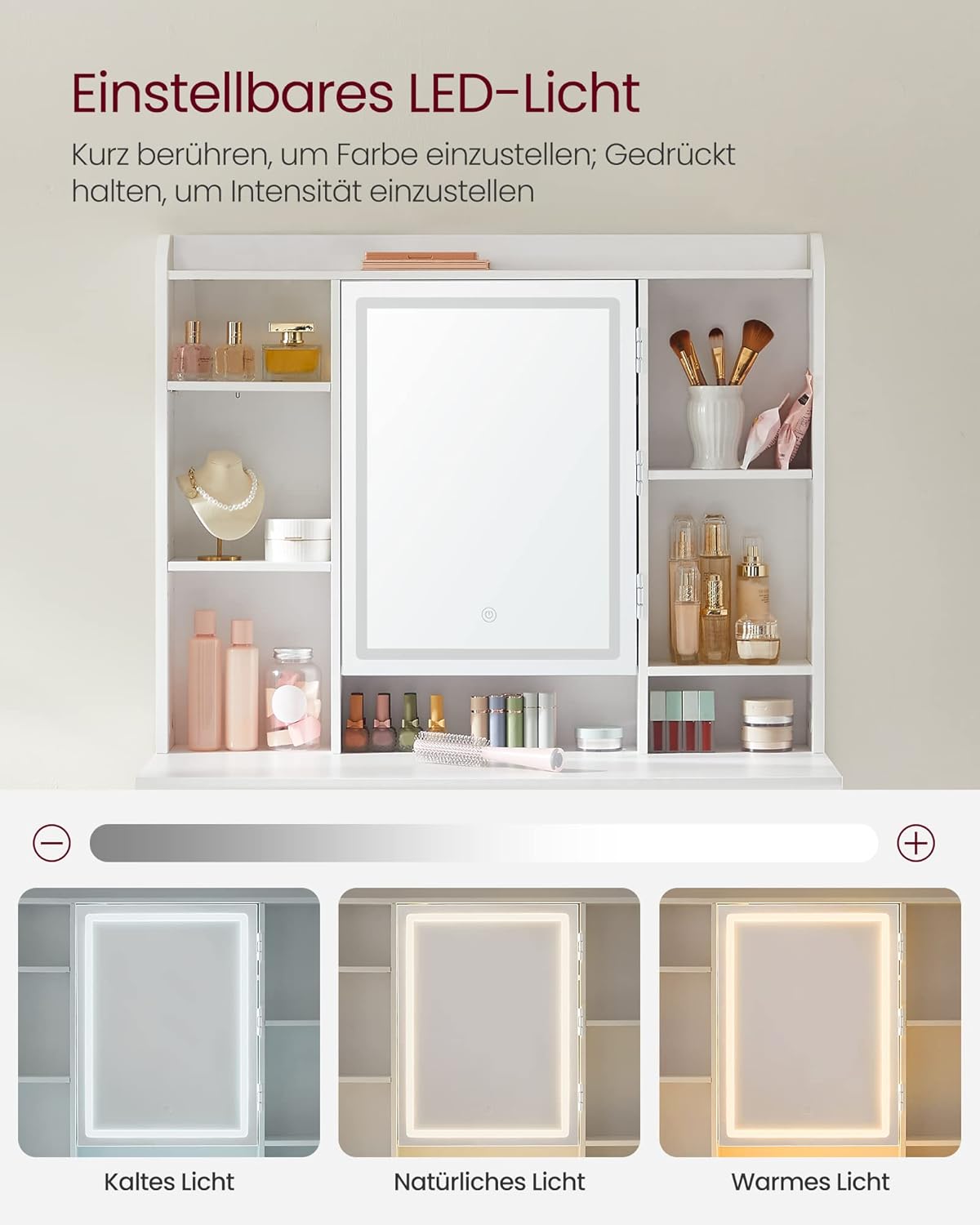 Schminktisch mit LED Spiegel 2 Schubladen verstellbar weiß von Songmics