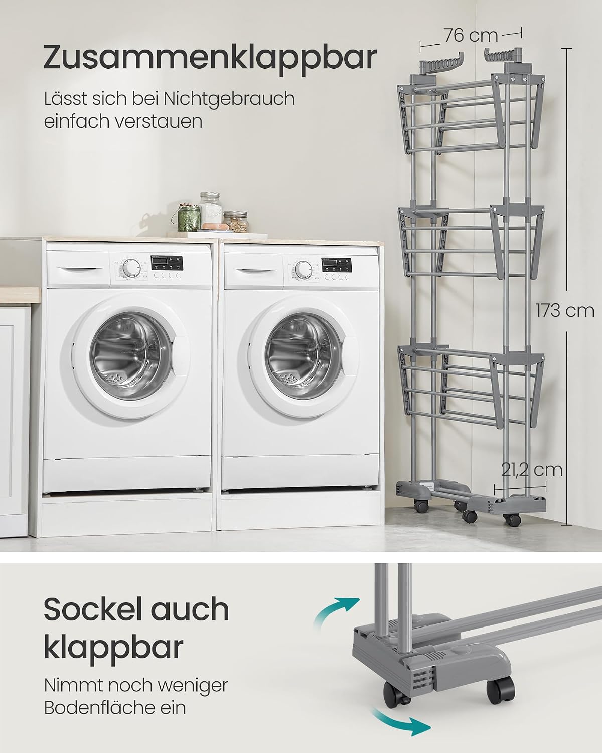 Wäscheständer 4 Ebenen faltbar mit Rollen Taubengrau von Songmics