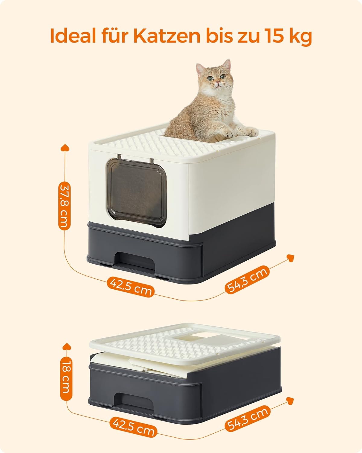 Katzentoilette mit Deckel Schaufel Bürste bis 15 kg beige von Songmics