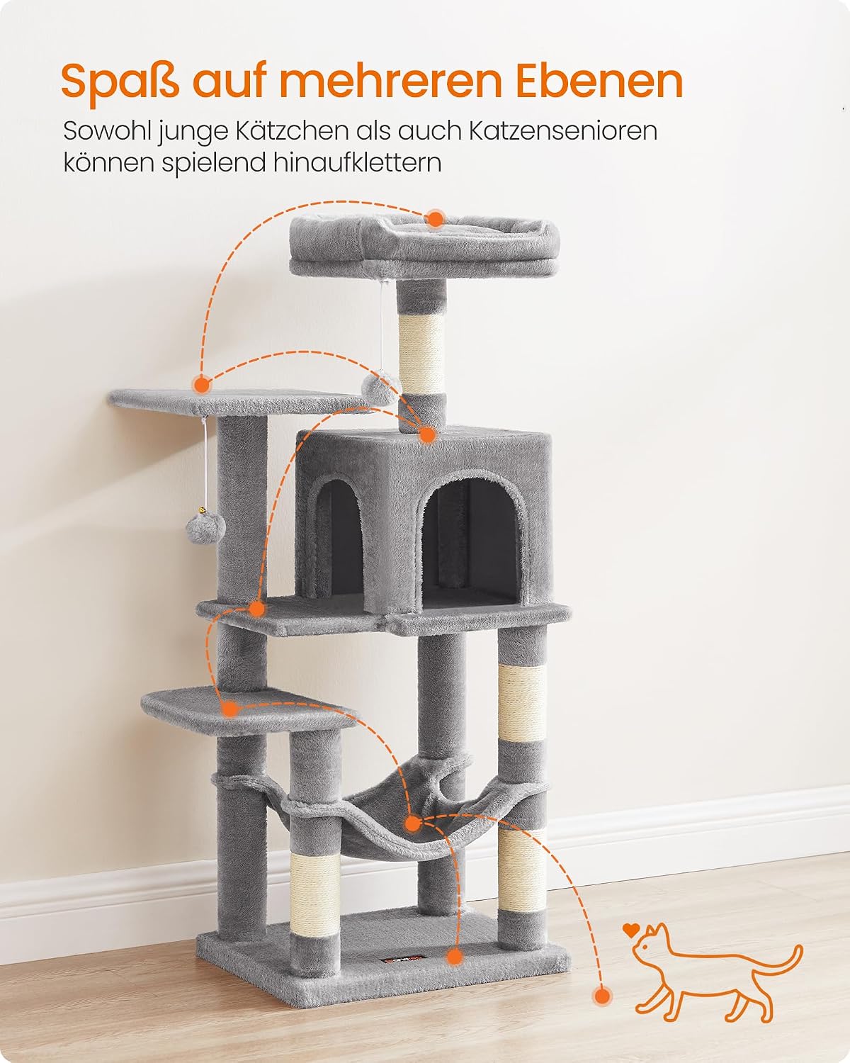 Kratzbaum 112 cm mit Höhle Hängematte und 4 Kratzsäulen von guteszeug.ch