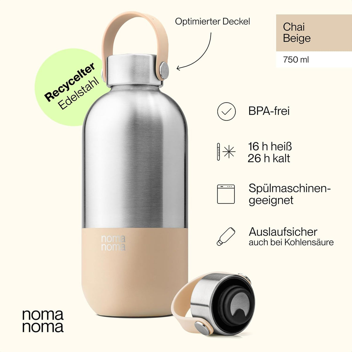 Trinkflasche Edelstahl auslaufsicher 750ml Chai Beige von guteszeug.ch