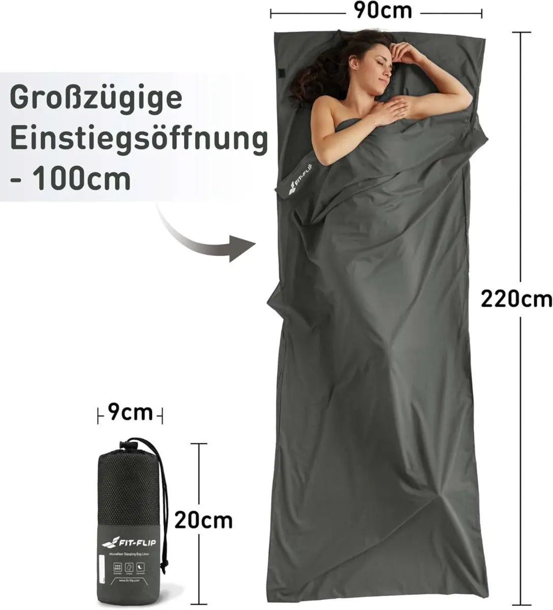 Hüttenschlafsack Mikrofaser ultraleicht mit Kissenfach 90x220cm Dunkelgrau von guteszeug.ch