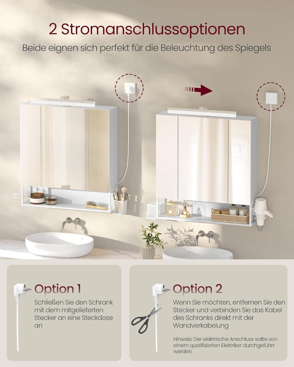 Spiegelschrank 3-türig Steckdose weiss Holz von Songmics