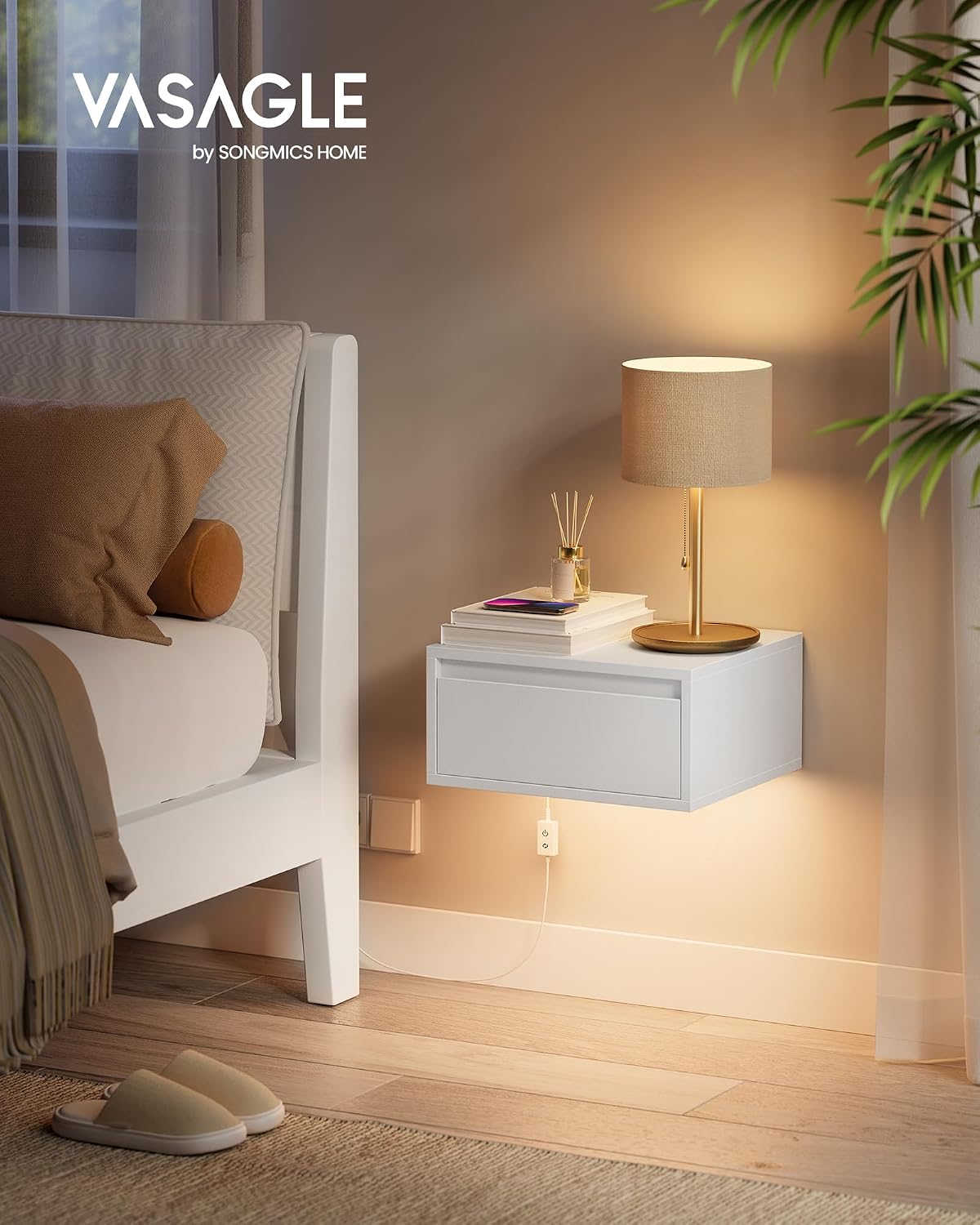 Nachttische 2er Set schwebend 40x35x19 cm Weiss LED von Songmics