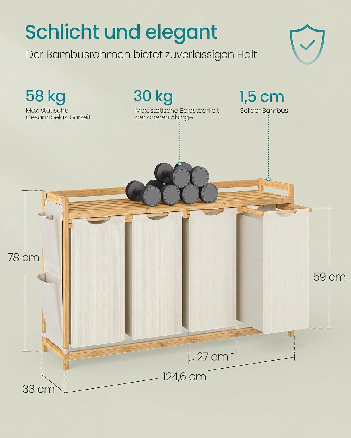 Wäschesortierer 4 Fächer 200 l Bambus Naturbeige von Songmics