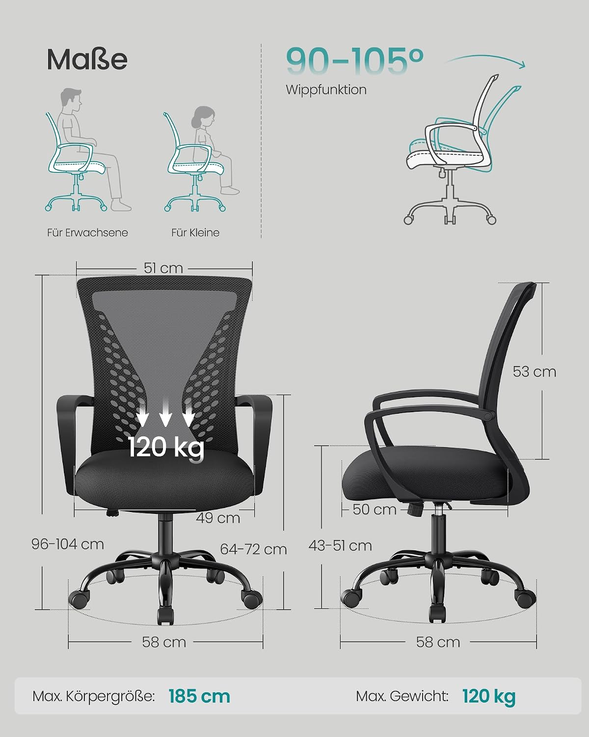 Bürostuhl ergonomisch Netzstuhl mit Wippfunktion Schwarz von Songmics