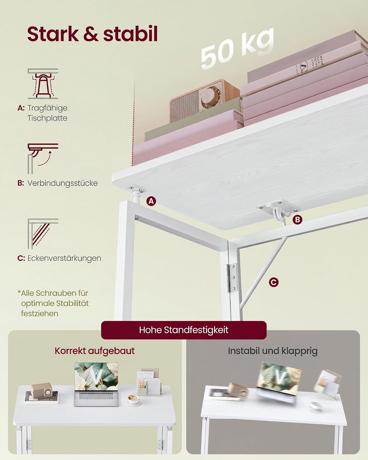 Klappbarer Computertisch Schreibtisch 80x40x74 cm Schneeweiss von Songmics