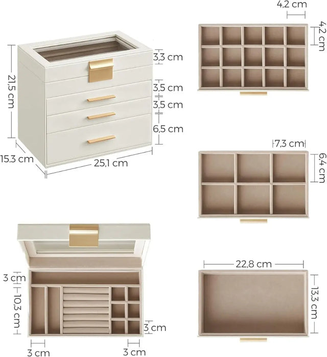 Schmuckkästchen mit Glasdeckel 4 Ebenen wolkenweiss-golden von Songmics