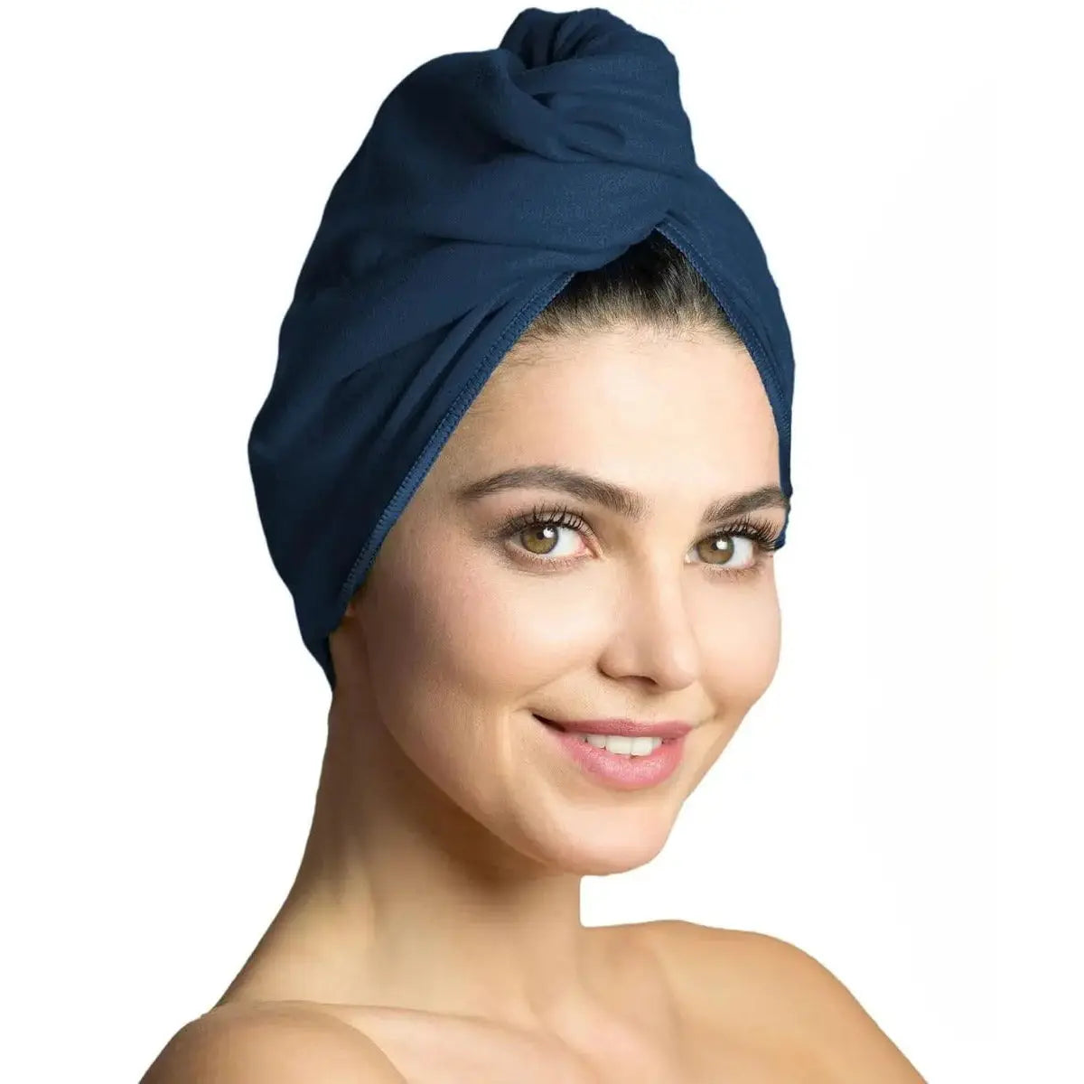 Haarturban Mikrofaser mit Knopf schnelltrocknend Marineblau von guteszeug.ch