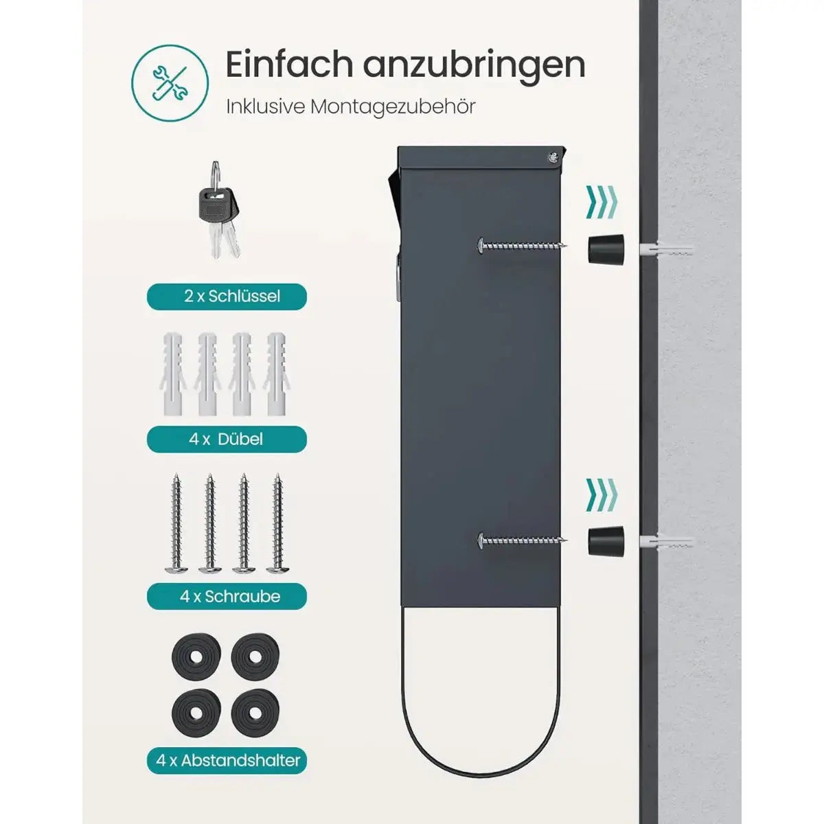 Wandbriefkasten Schloss Sichtfenster Zeitungsfach Anthrazitgrau von Songmics