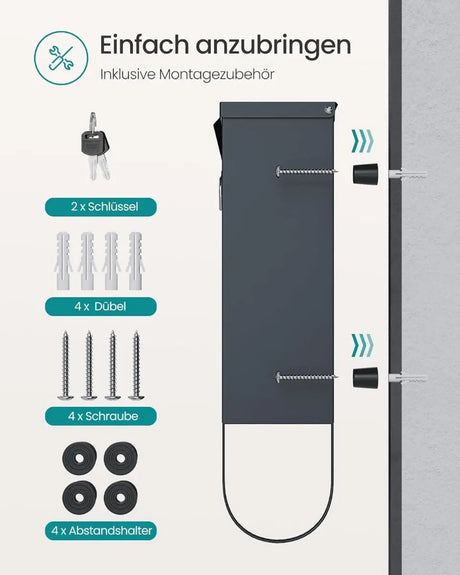 Wandbriefkasten Schloss Sichtfenster Zeitungsfach Anthrazitgrau von Songmics