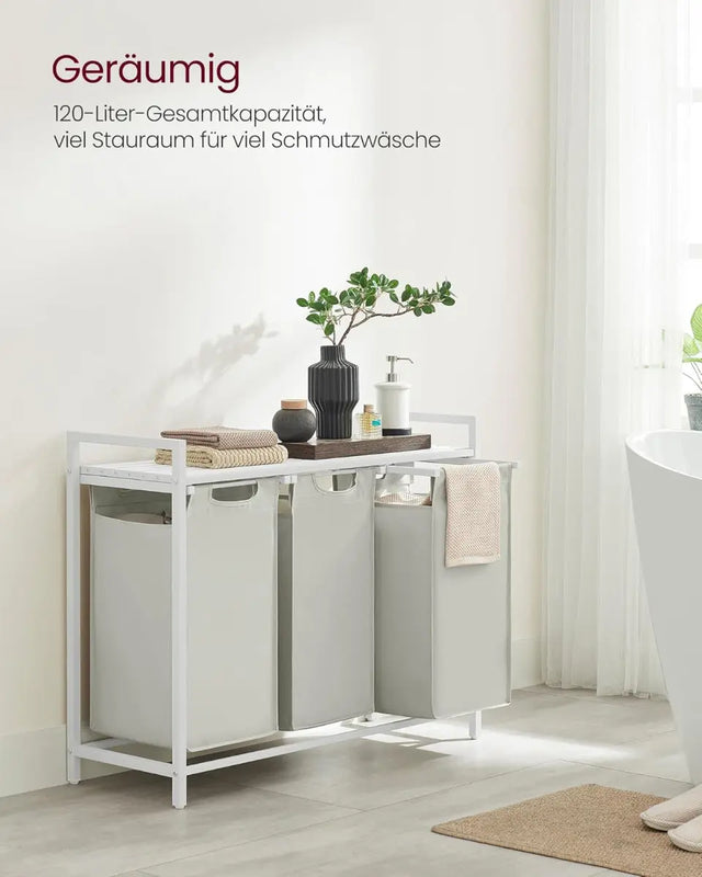 Wäschekorb mit 3 Fächern und Ablage, cremeweiss-mattweiss von Songmics