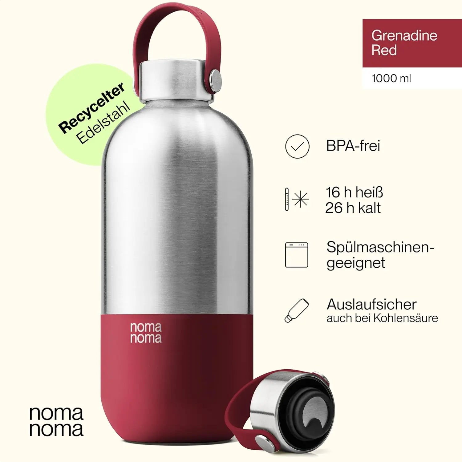 Trinkflasche Edelstahl auslaufsicher 1000ml Grenadine Red von noma noma