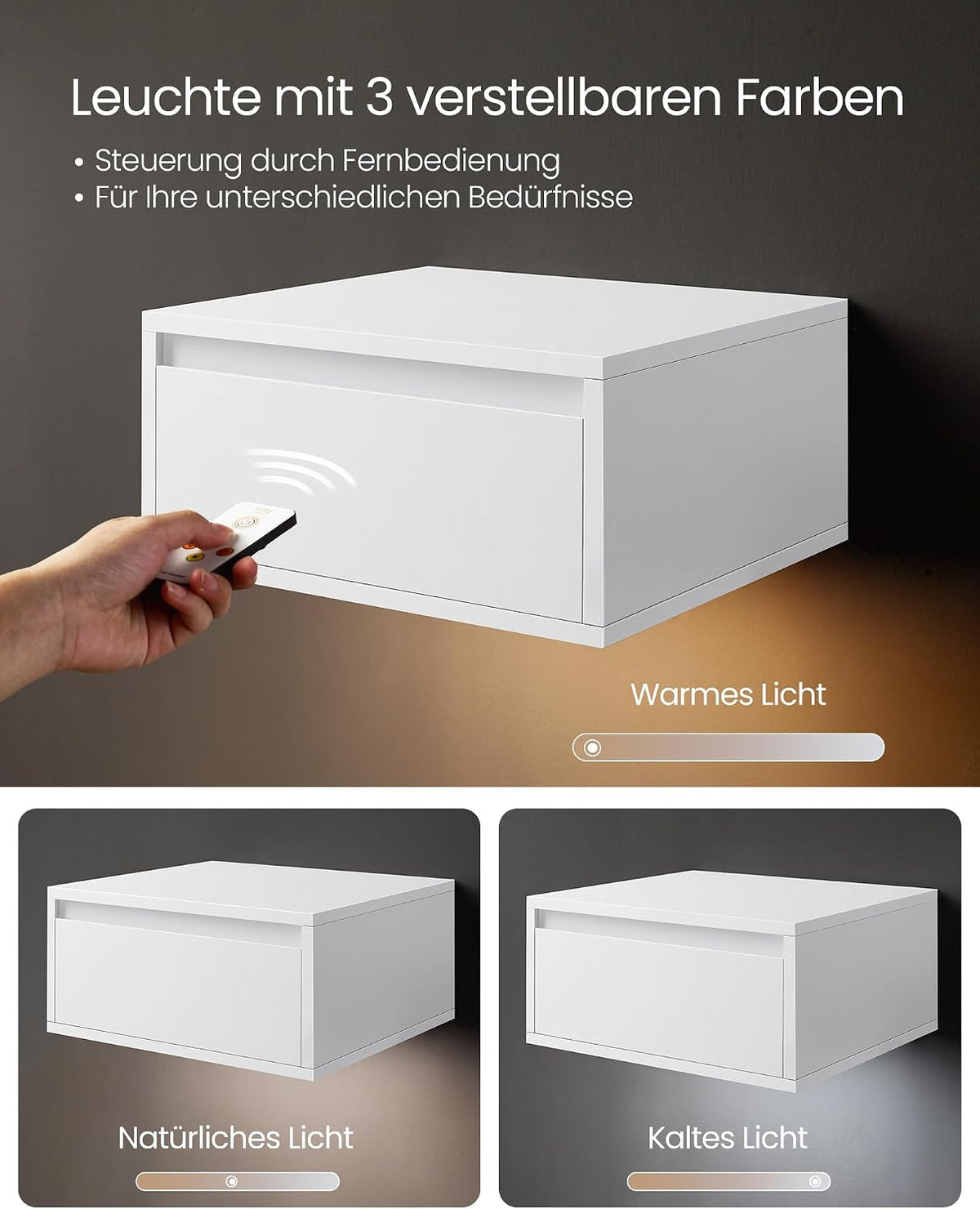 Nachttische 2er Set schwebend 40x35x19 cm Weiss LED von Songmics