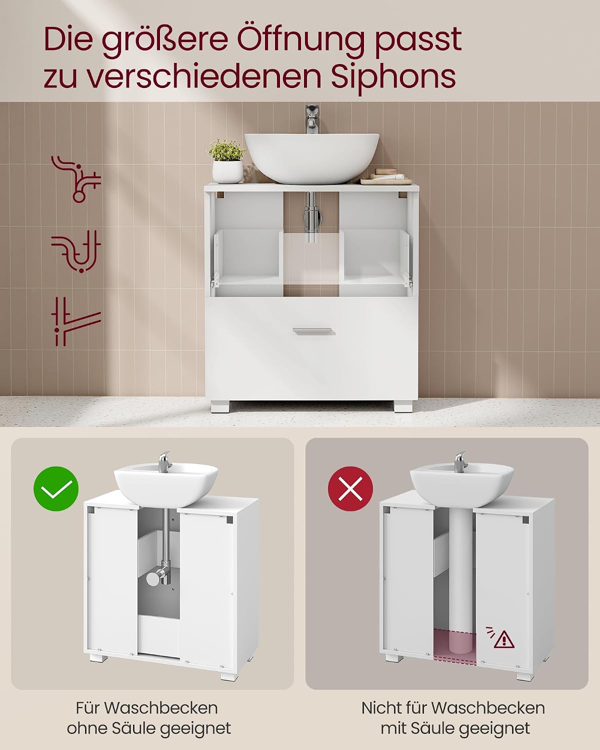 Waschtischunterschrank 60x30x63,8 cm 2 Schubladen Weiss von Songmics