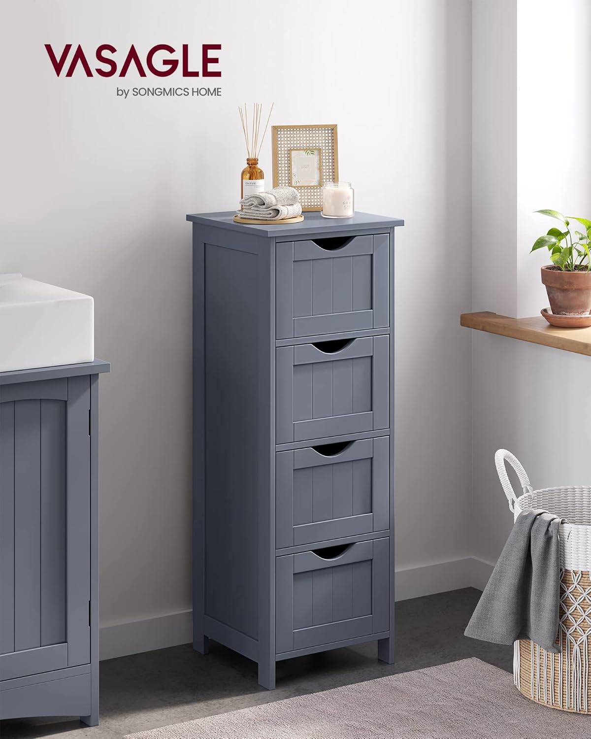 Badschrank mit 4 Schubladen 30x30x82 cm grau modern von Songmics
