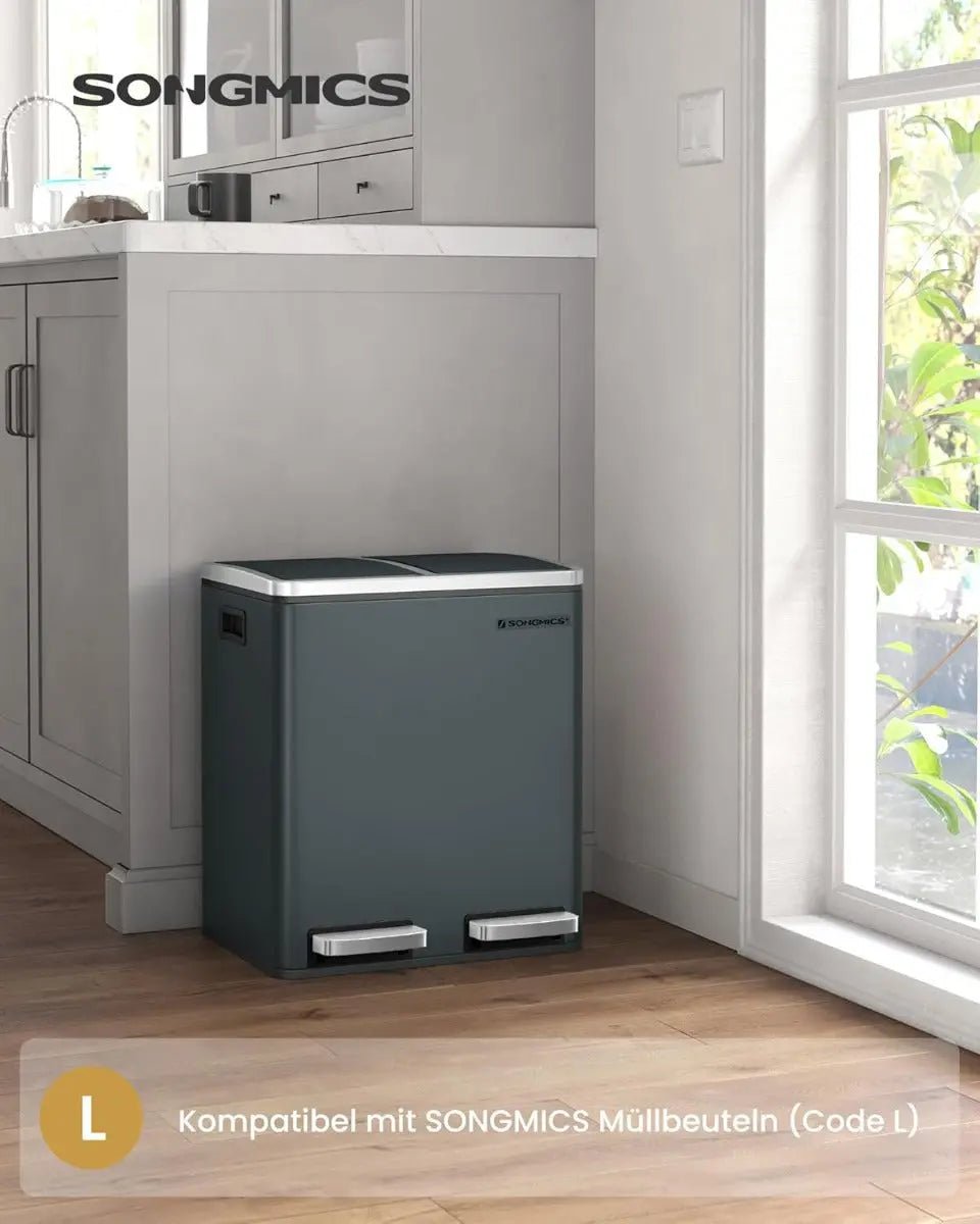 Küchenmülleimer Treteimer 2 x 15 Liter Mülltrennsystem mit 2 Fächern Grüngrau von Songmics