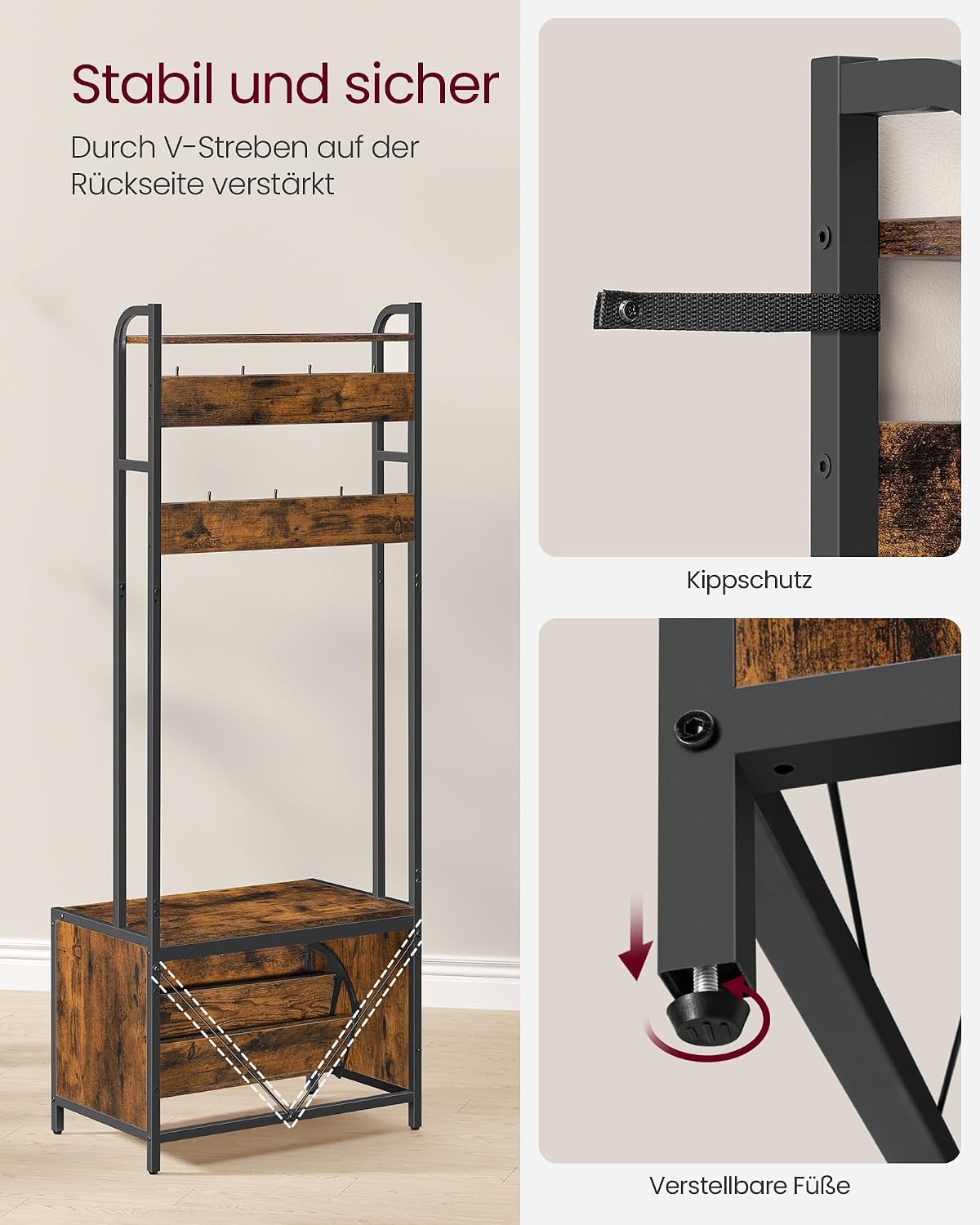 Garderobe 4-in-1 65x40x170 cm mit Schuhschrank Sitzbank von Songmics
