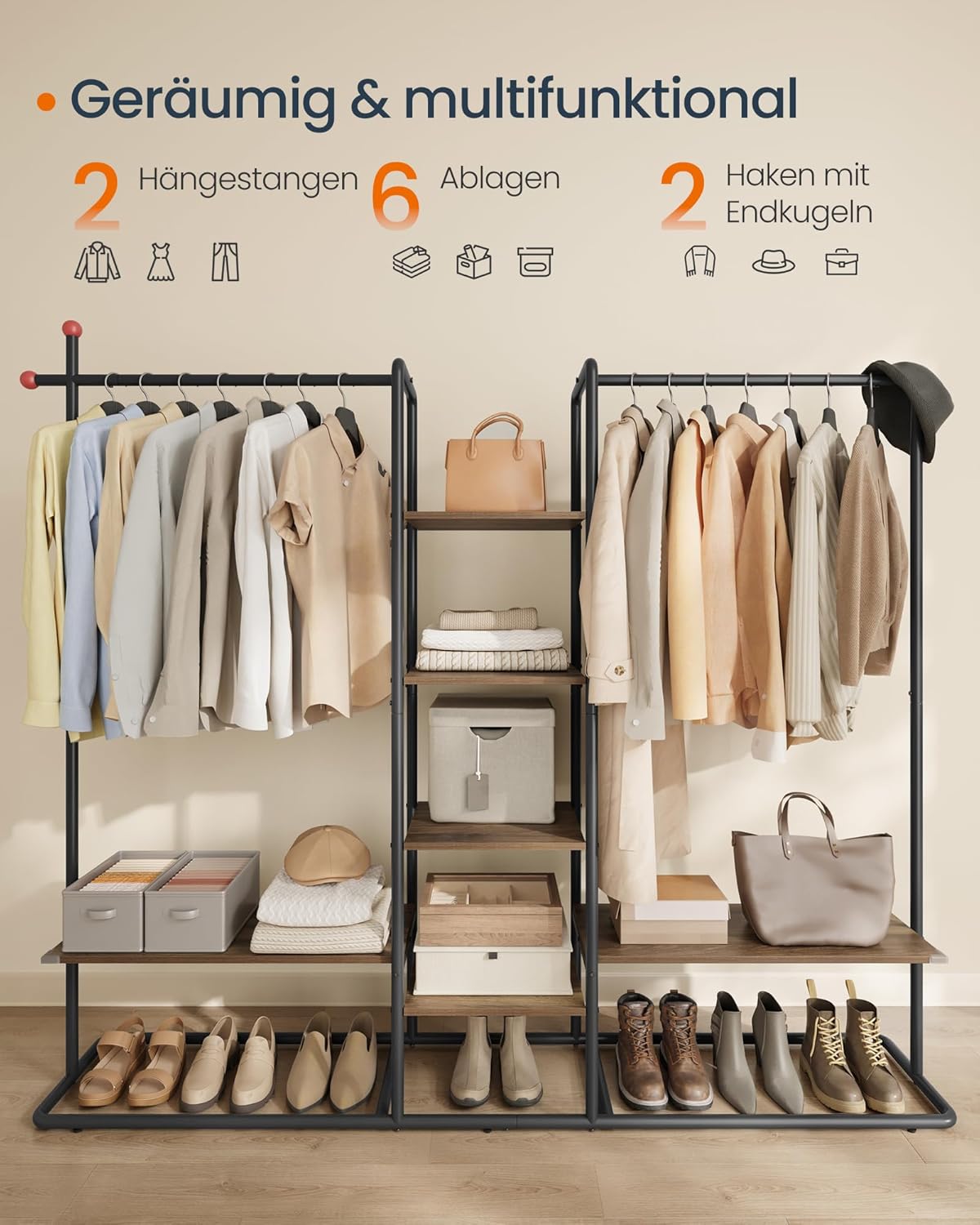 Kleiderständer mit 6 Ablagen 2 Kleiderstangen und Haken von Songmics
